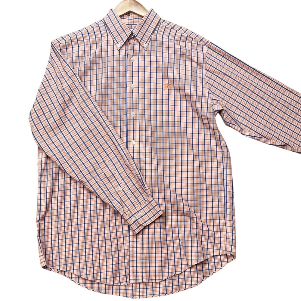 Brooks Brothers Polo Shirt Men Medium Orange Blue Check Long Sleeve Original EUC